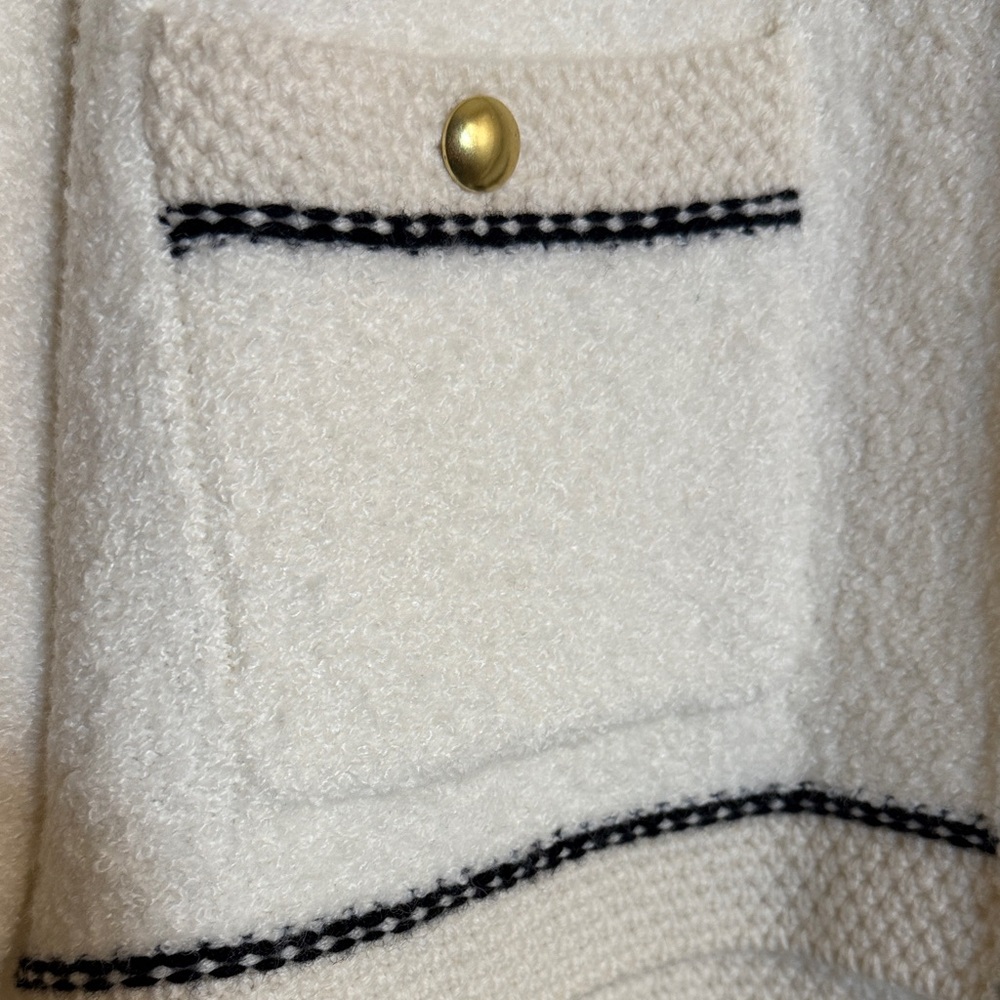 J. Crew Factory Cream Bouclé Cardigan Jacket with Black Trim and Gold Buttons M - Picture 4 of 6